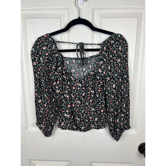 American Eagle Black Pink Floral Ballon Sleeve Tie Open Back Cropped Blouse XS - Picture 8 of 8